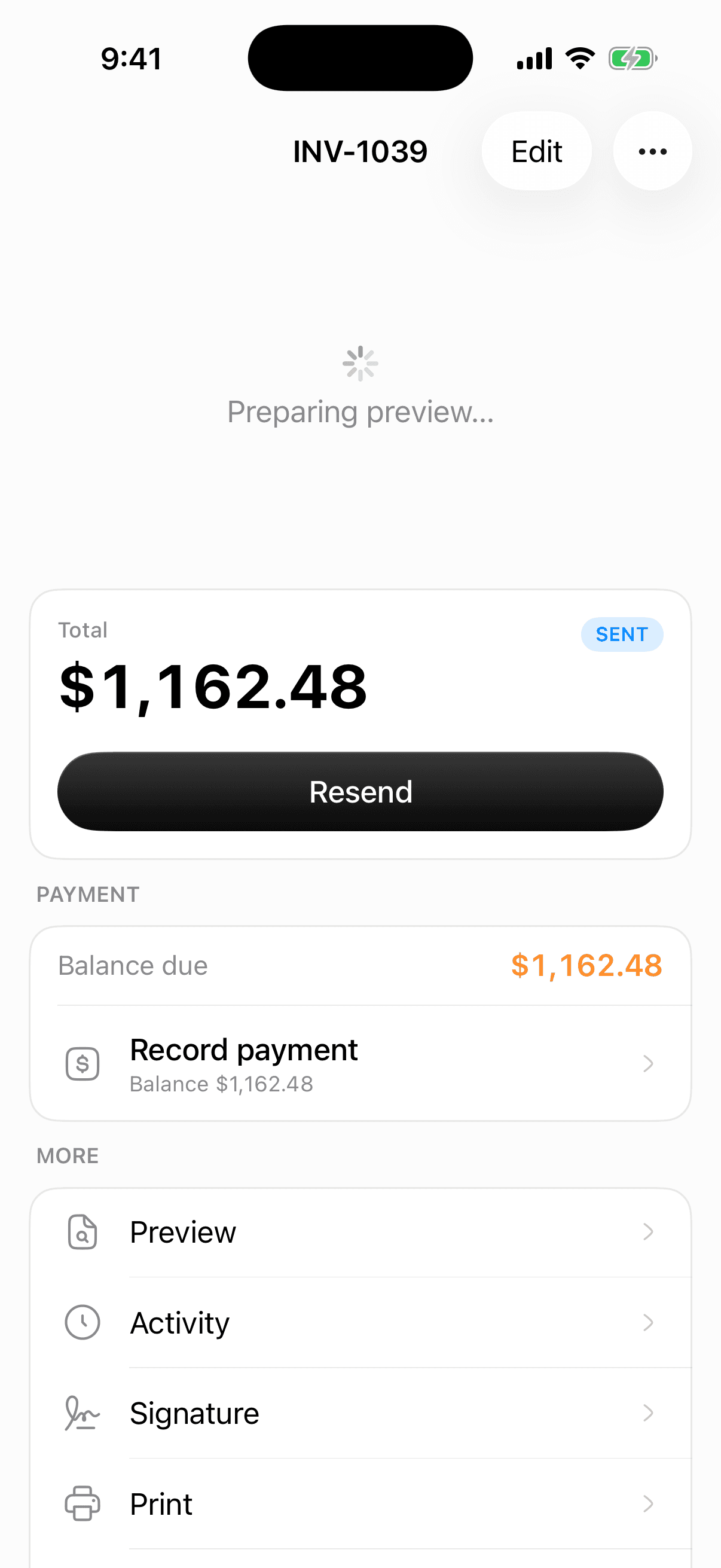 Antsfield iPhone invoice detail with job photos and a customer signature